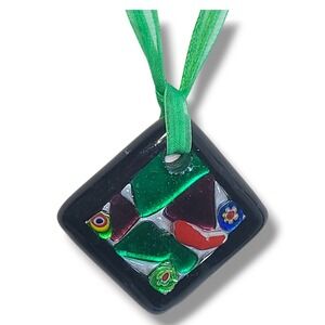 Vintage Murano‎ Millefiori Art Glass Pendant Necklace Green